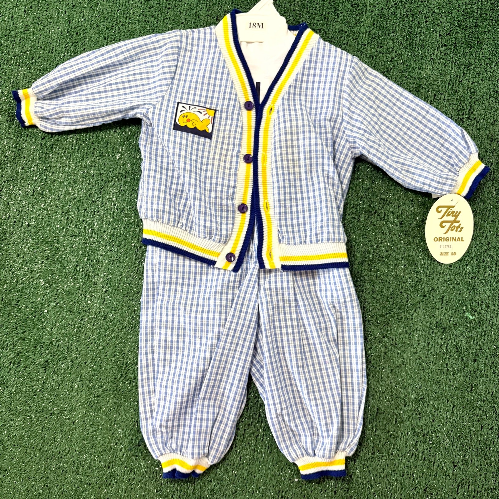 Vintage Y2K Tiny Tots 3-Piece Pants Set Unisex 18M Blue White Gingham Fish Patch