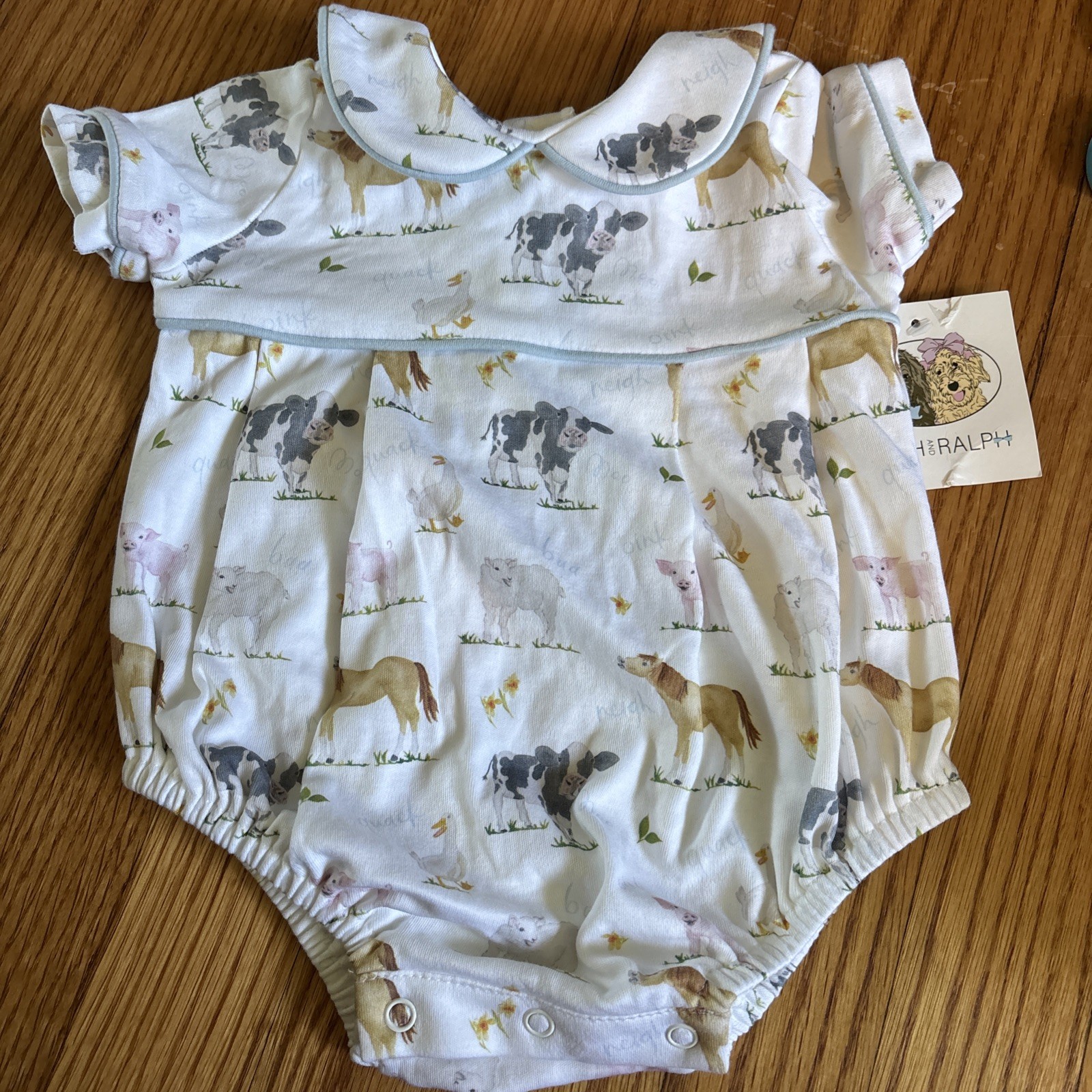 Ruth And Ralph Shortalls Romper Farm Animals Cow Horse Peter Pan Collar NWT