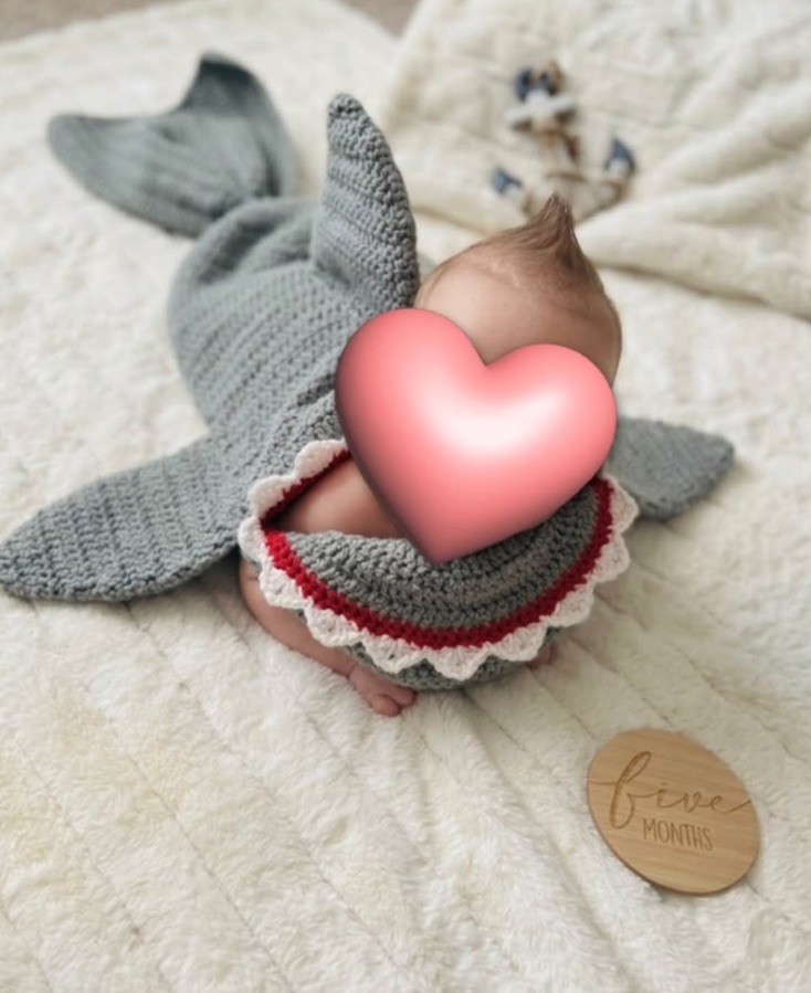 Handmade Crochet Shark Blanket Snuggle Sack Baby Photo Prop Grey 0-9 month