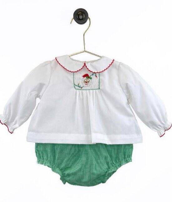 Petit Ami Christmas Santa Smocked Girls Green Check Diaper Set Newborn 3 6 Month