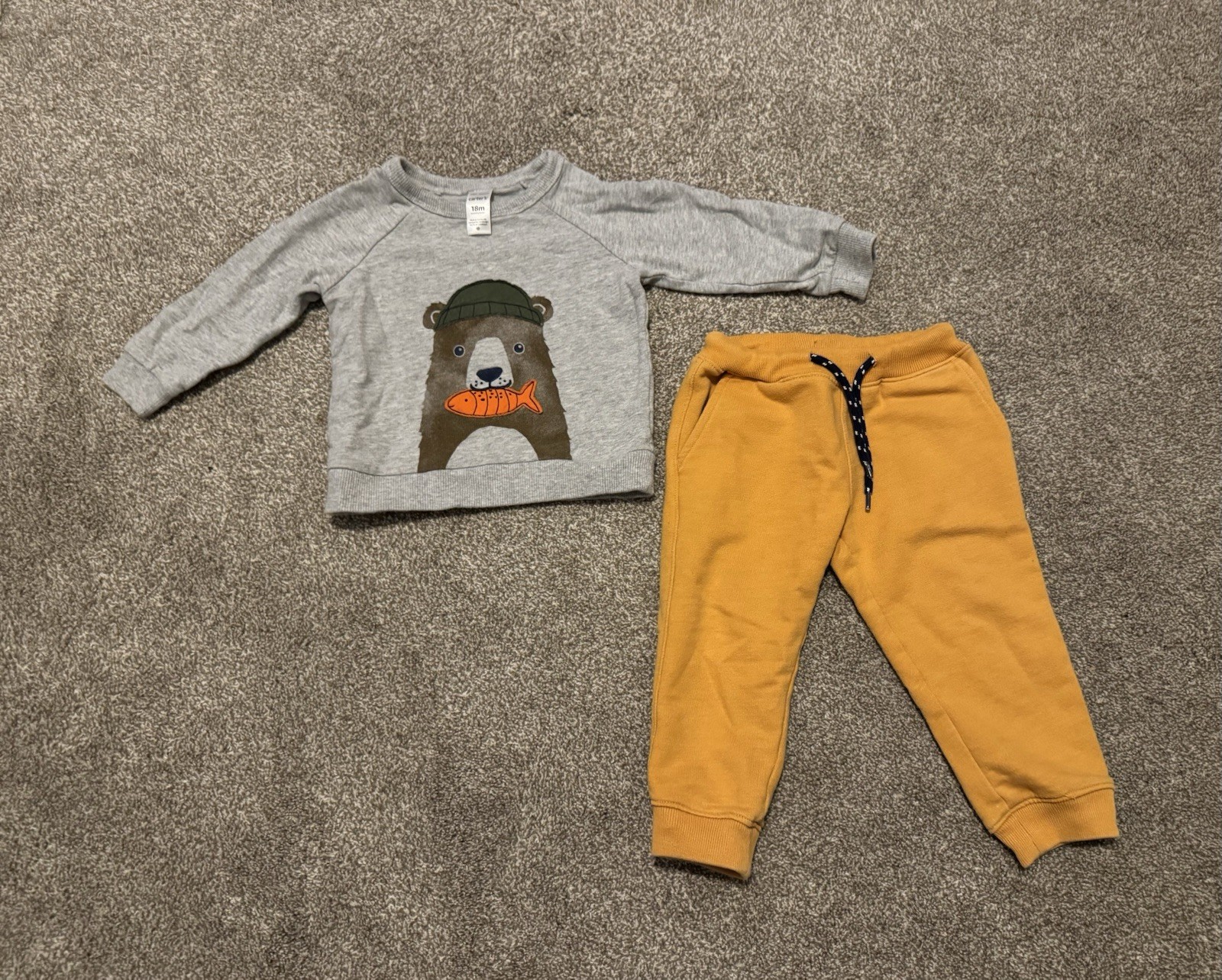 Carter’s bear fish sweatshirt & mustard yellow sweatpants 18 months 18m Baby boy