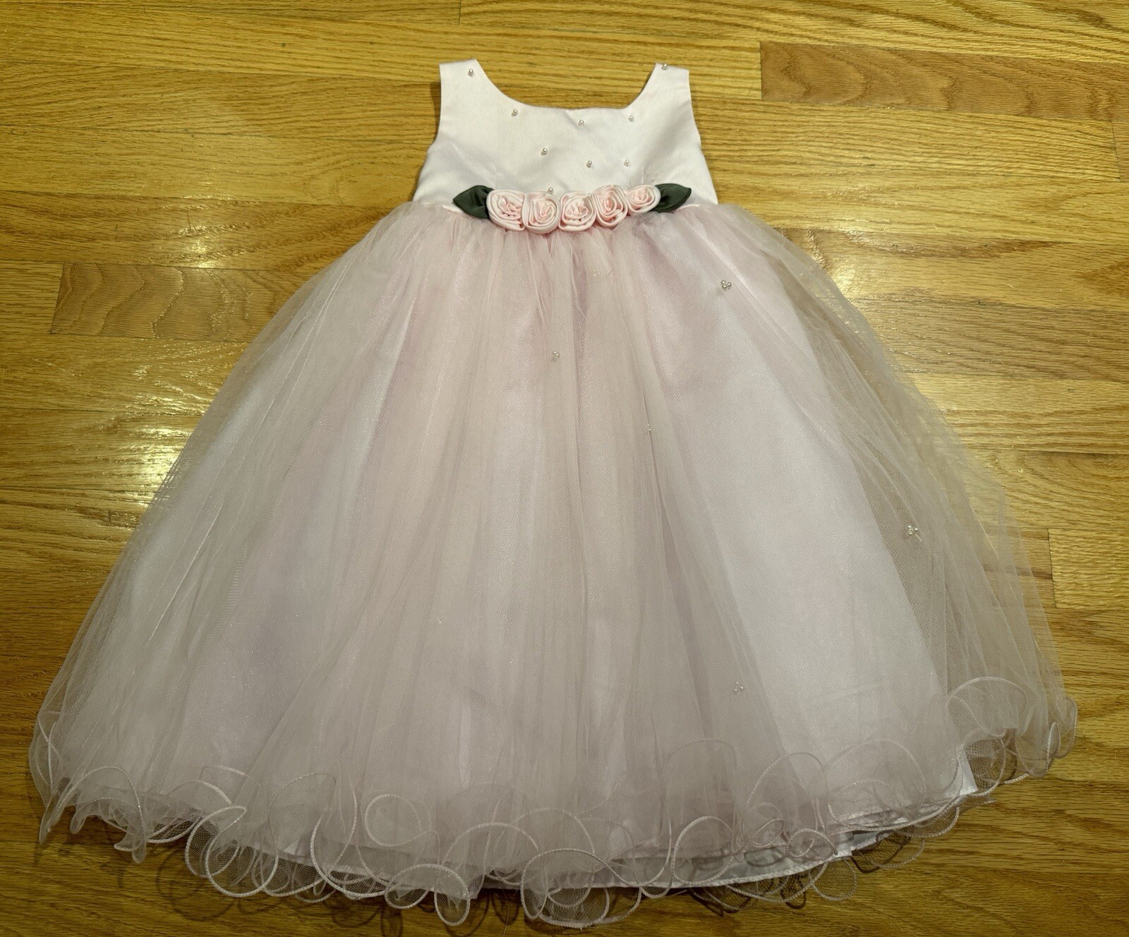 Sweetie Pie Girls Size 24m Pink Flower Girl Dress Beaded Pearls Roses Tule
