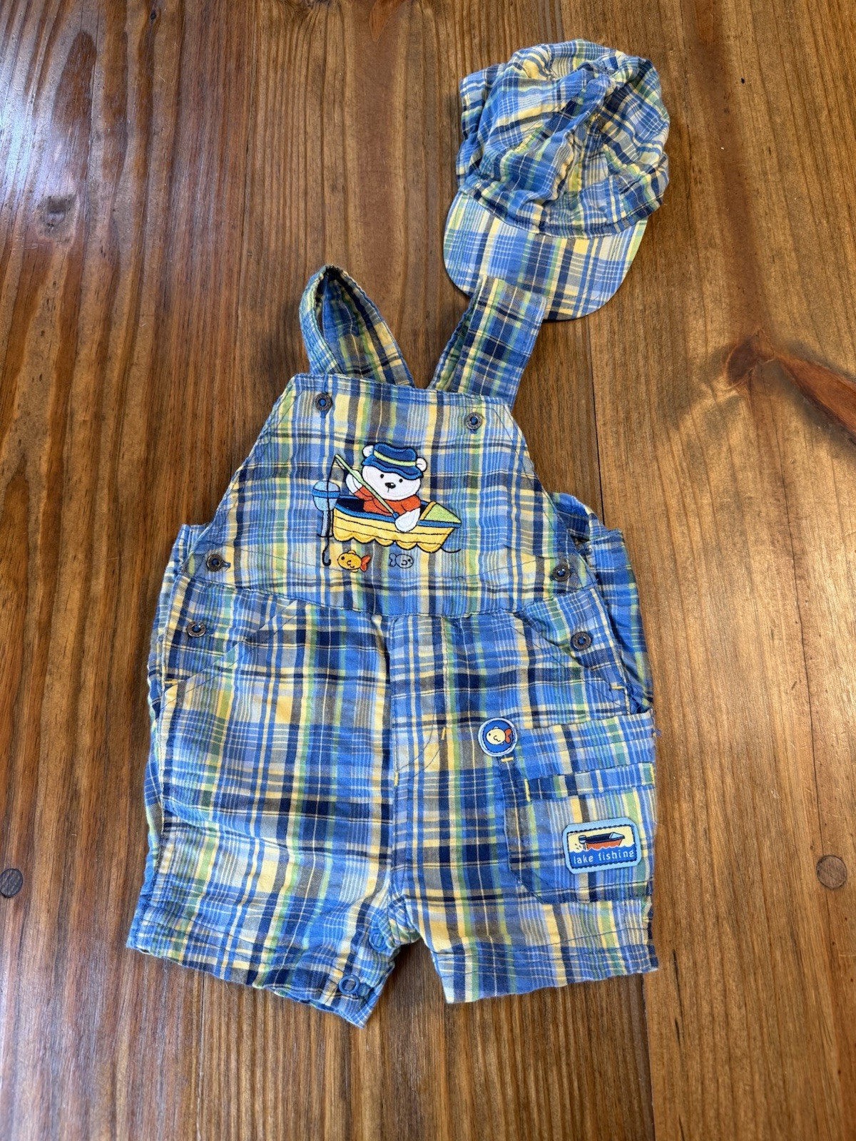 Vintage Cradle Togs Baby Boy Outfit Bear Fishing Plaid Overalls With Hat 3-6 Mo