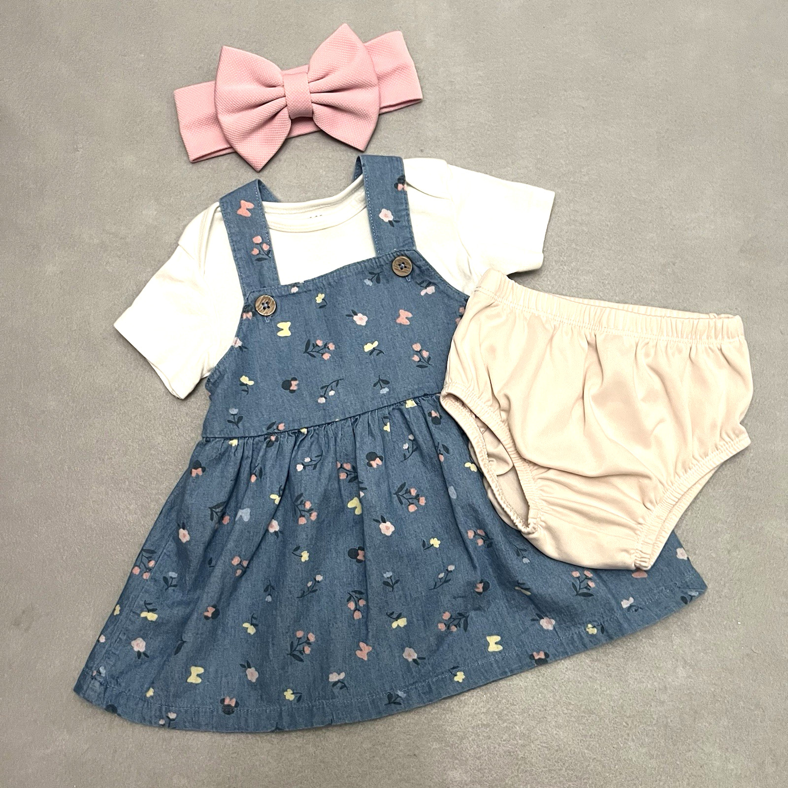Disney Baby Chambray Jumper Dress With Coordinating Tee, Headband, & Bloomer 12M