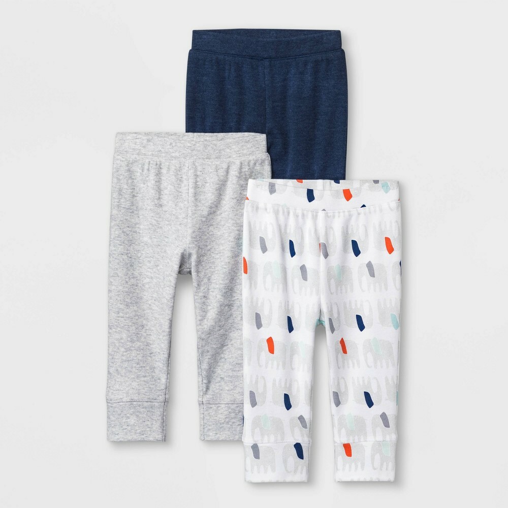 Cloud Island Baby Boys 3 Pack Solid & Elephant Print Pants Size 0-3 Months