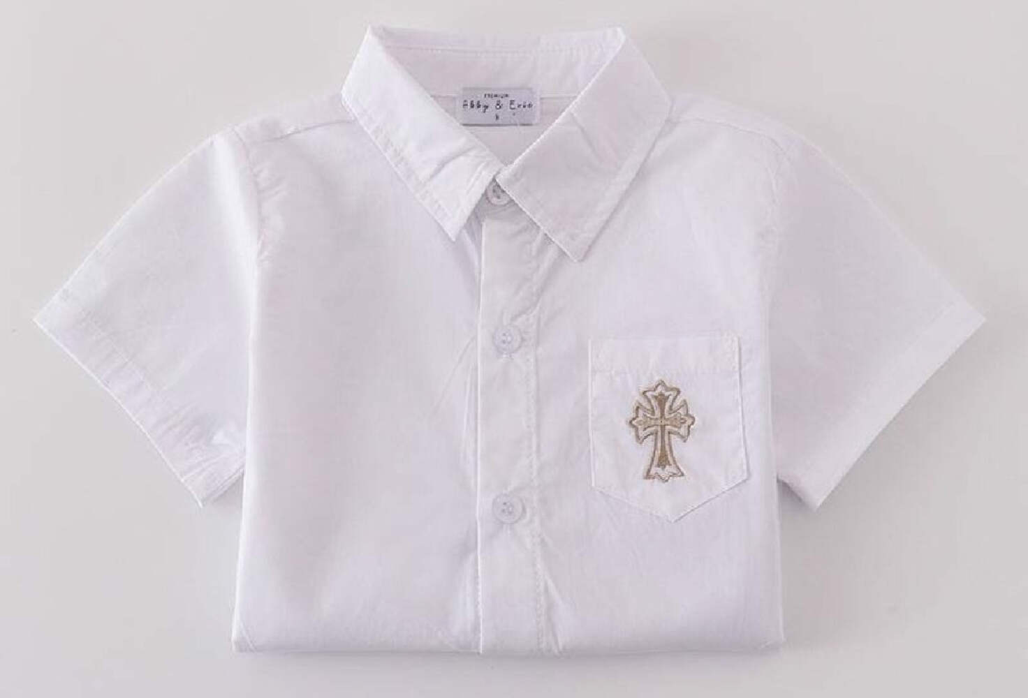 Boy’s Boutique Premium White Easter Cross Embroidered Boy Top Button Down Collar
