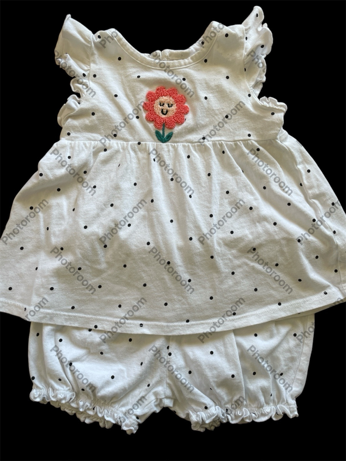 Tucker +Tate White/Black Dots Cotton Knit Ruffled Top & Matching Bloomers-18Mos