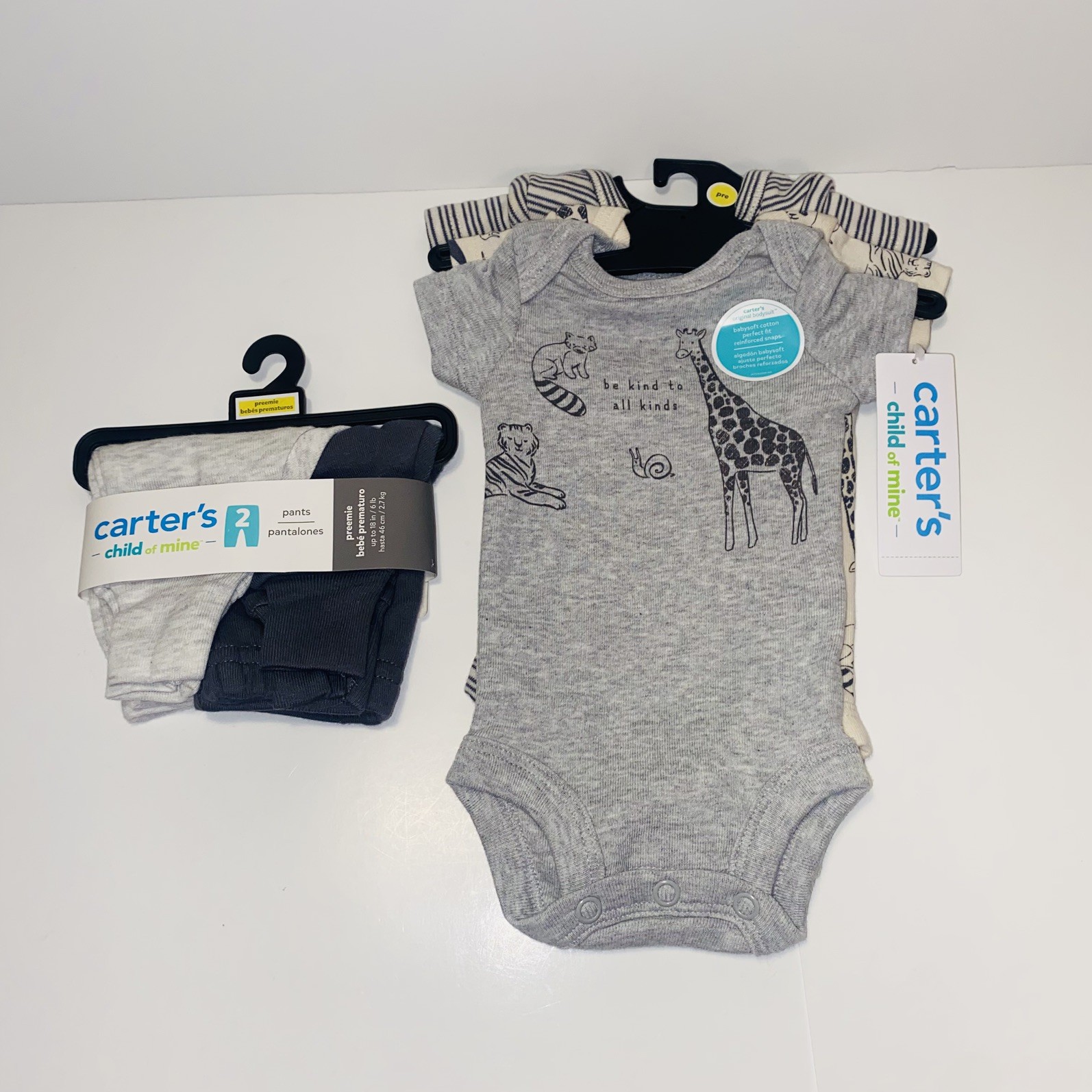 Carters Child Of Mine Baby Boy 5 Piece Set Size Preemie ZOO Bodysuits Pants NWT