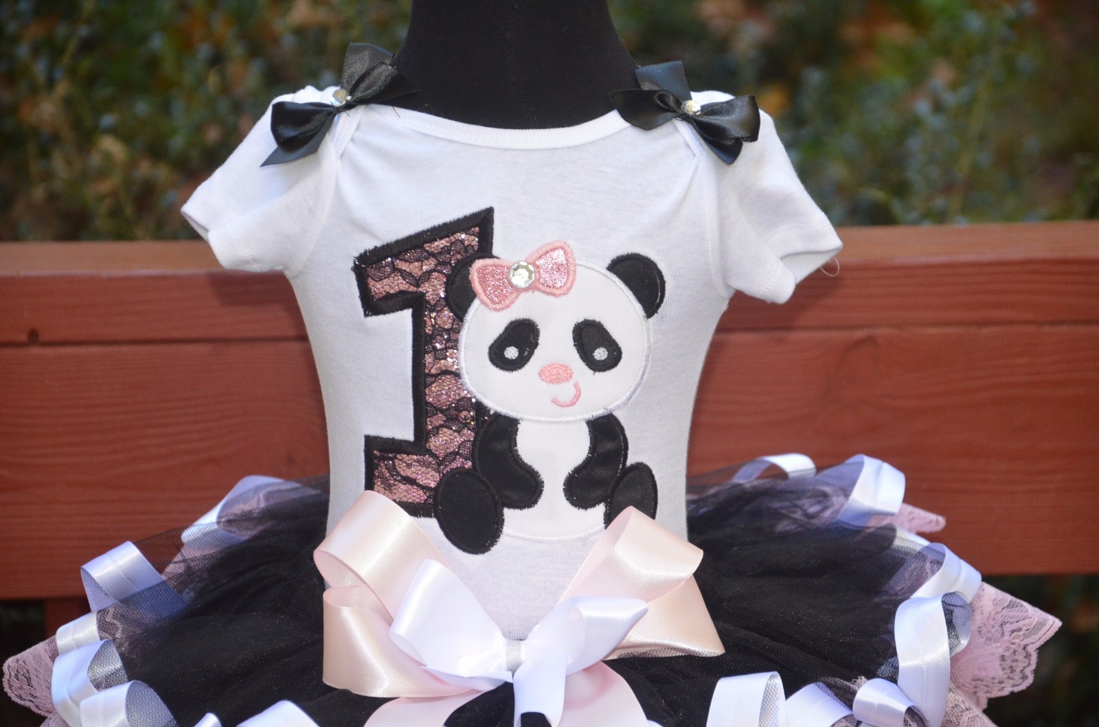Pink Panda Glitter appliqué Number & Name & Ribbon and Lace Trimmed Tutu