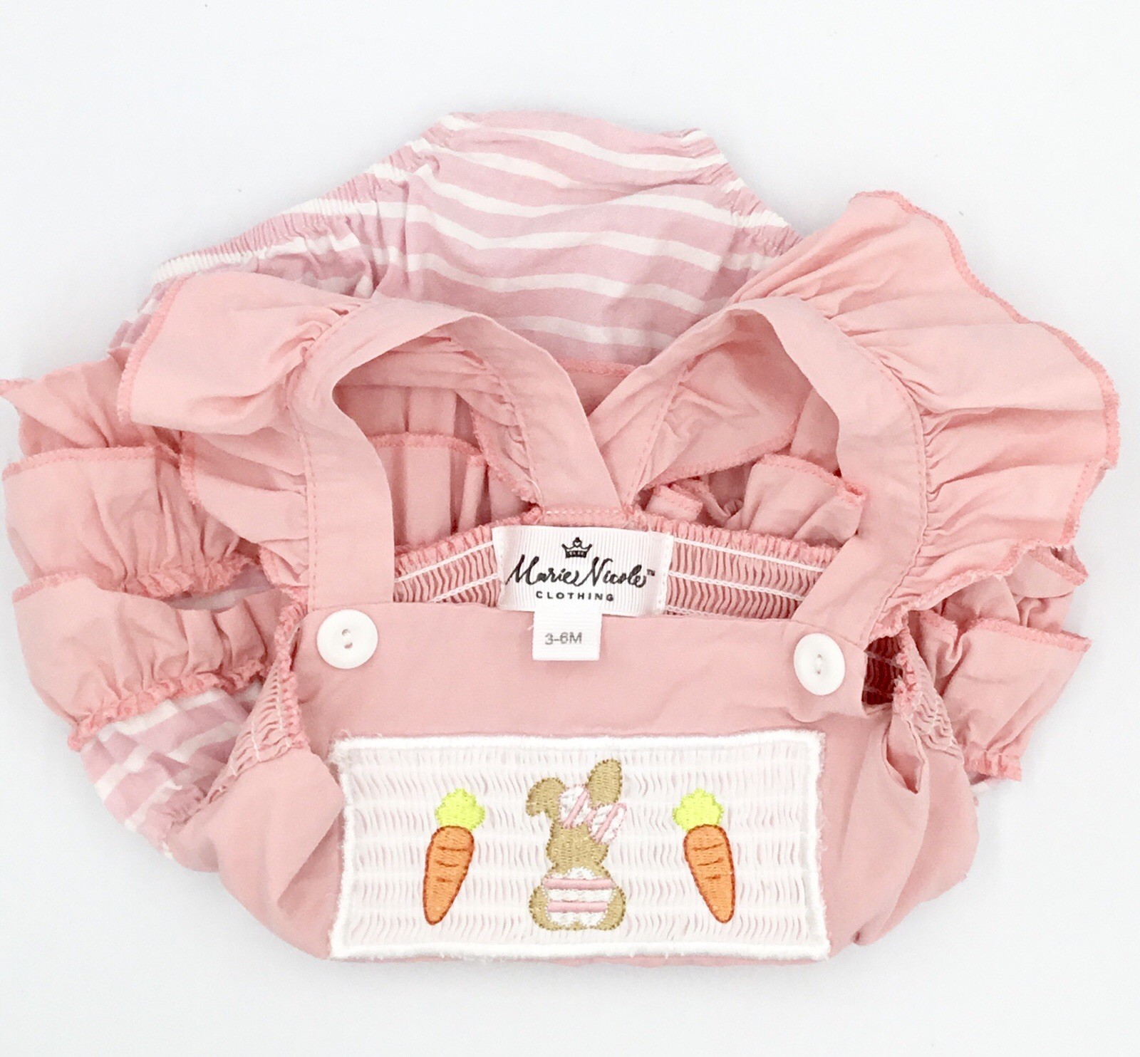 🩷Pink & White Smocked Easter Bubble Romper, Ruffle Butt- Sz 3-6M, Marie Nicole