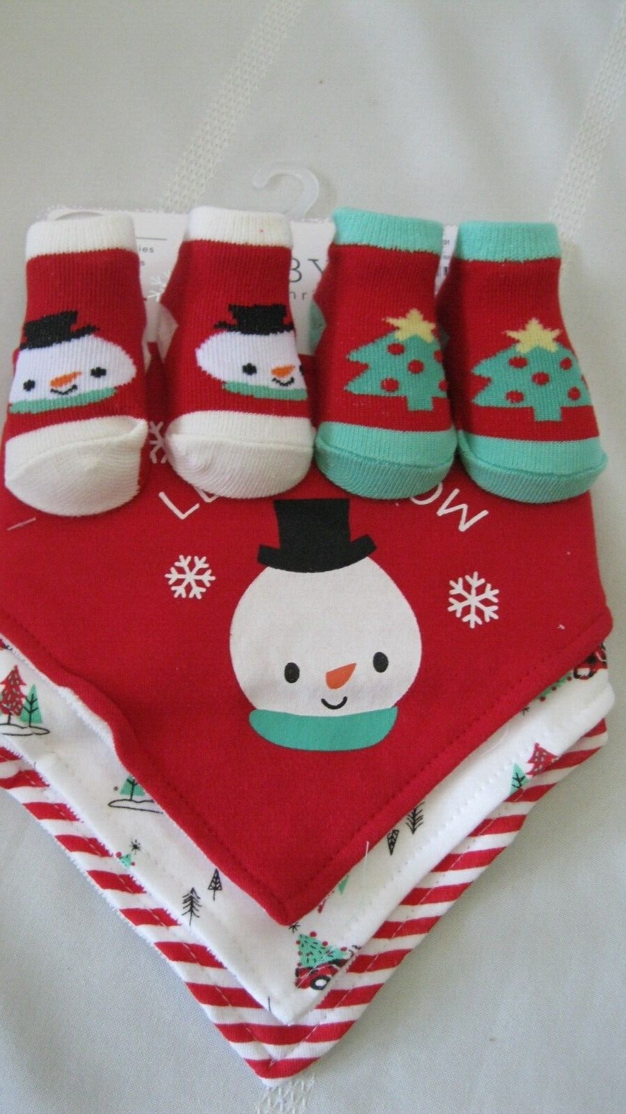 New Infant Bandana Bib & Booties Set 0-6M Holiday Snowman & Tree