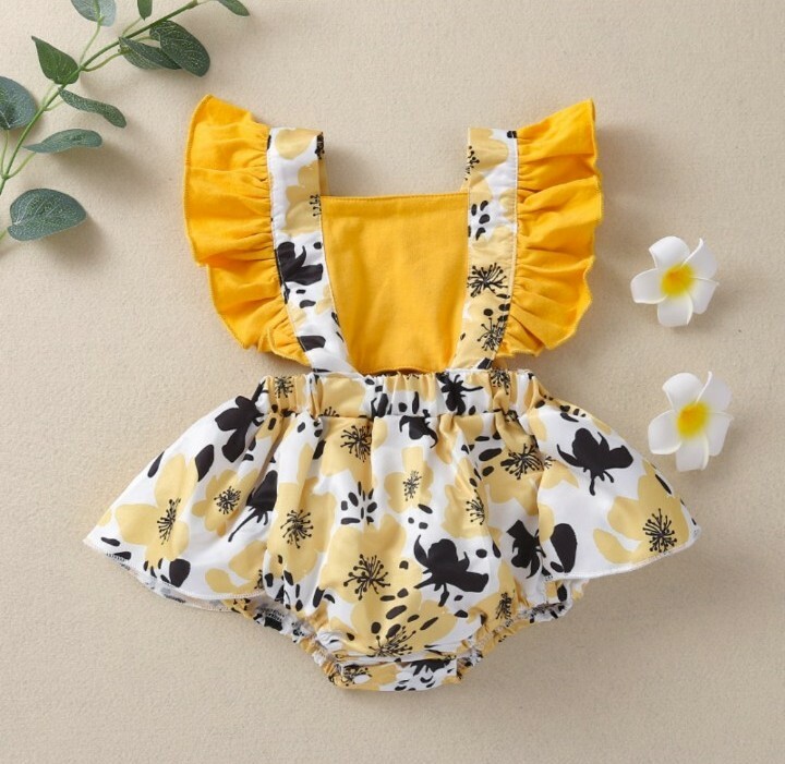 Baby Girl Straight Overalls Floral Cotton Romper Yellow 12-18 Months