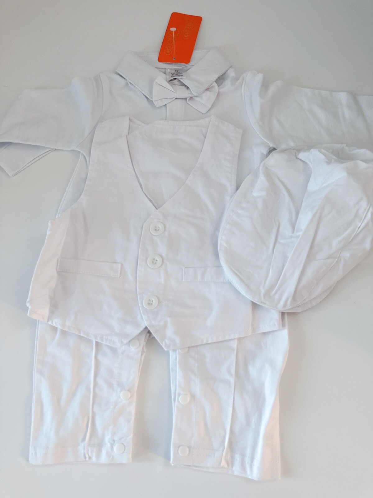 Baby Boys White christening shower Wedding Formal Party Hat Vest outfits suits