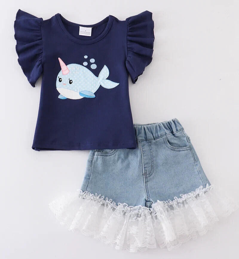 Honeydew Toddler Girl Two Piece Whale and Lace Short Set Size 3 NEW