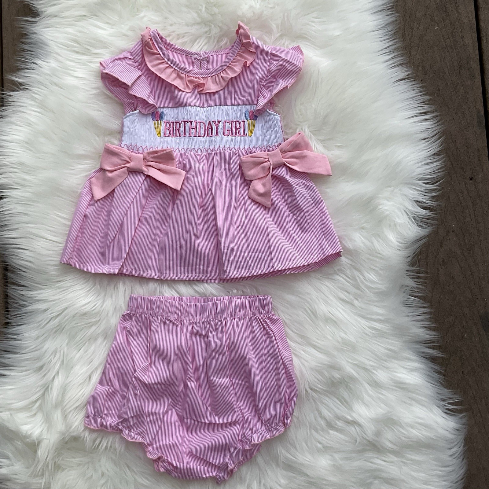 Girls 2 Piece Set Pink Birthday Dress Bloomers Cotton Bow Ruffle