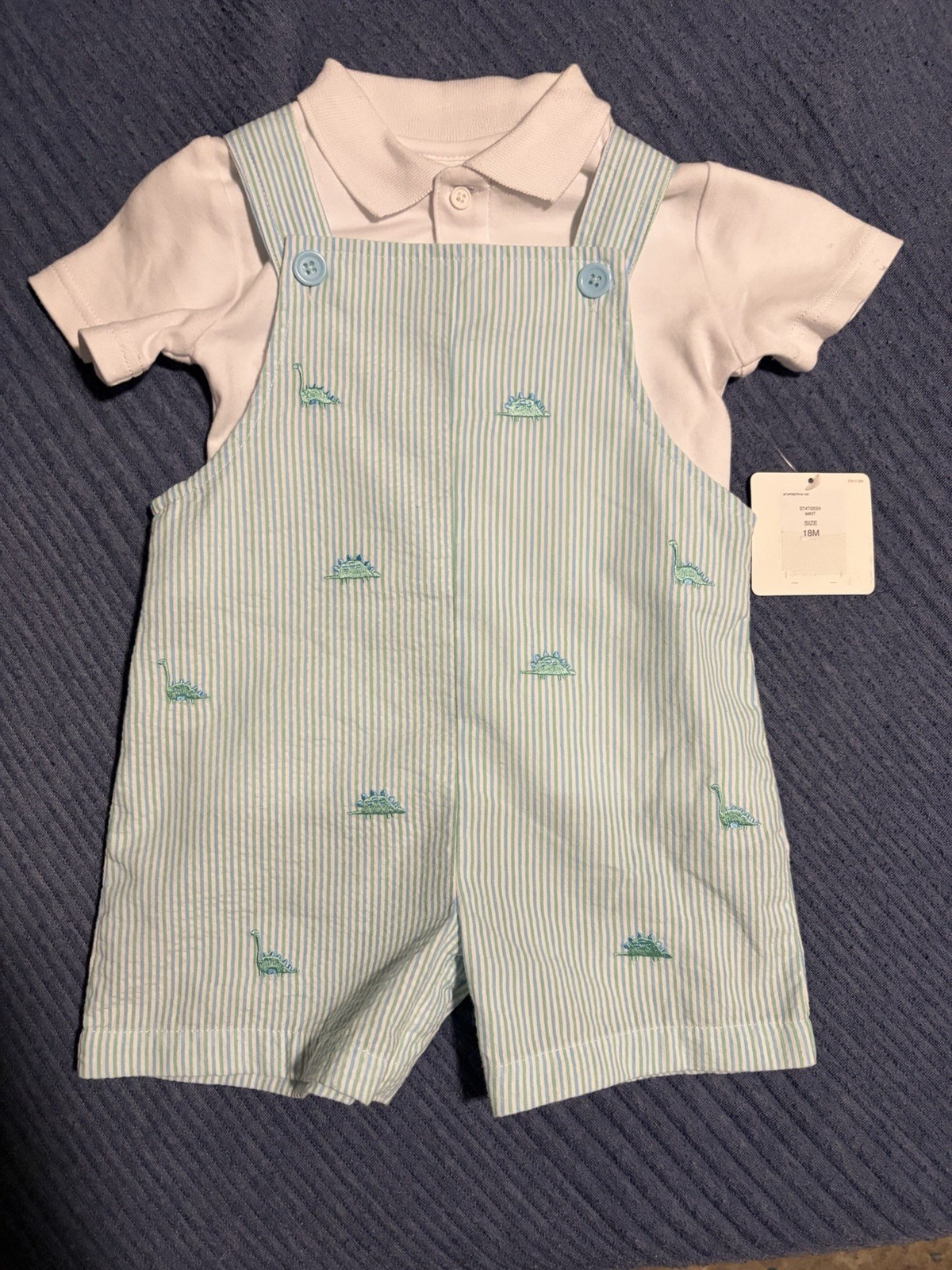Starting Out Boys 18M Cotton Dinosaur Striped Shorts Set White Blue Green