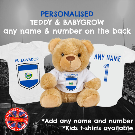 El Salvador Football Babygrow & Teddy Bear Personalised Matching Giftset, Soccer