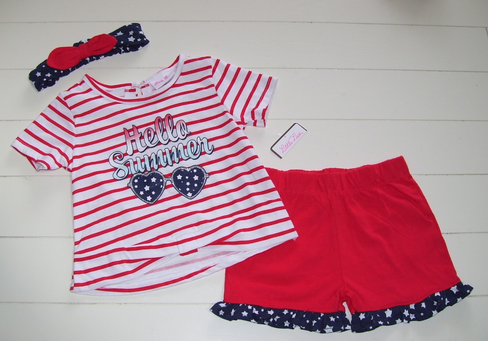 Little Lass 3 Pc RWB Hello Summer Shirt Shorts Headband Outfit July 4th Sz 2T 3T