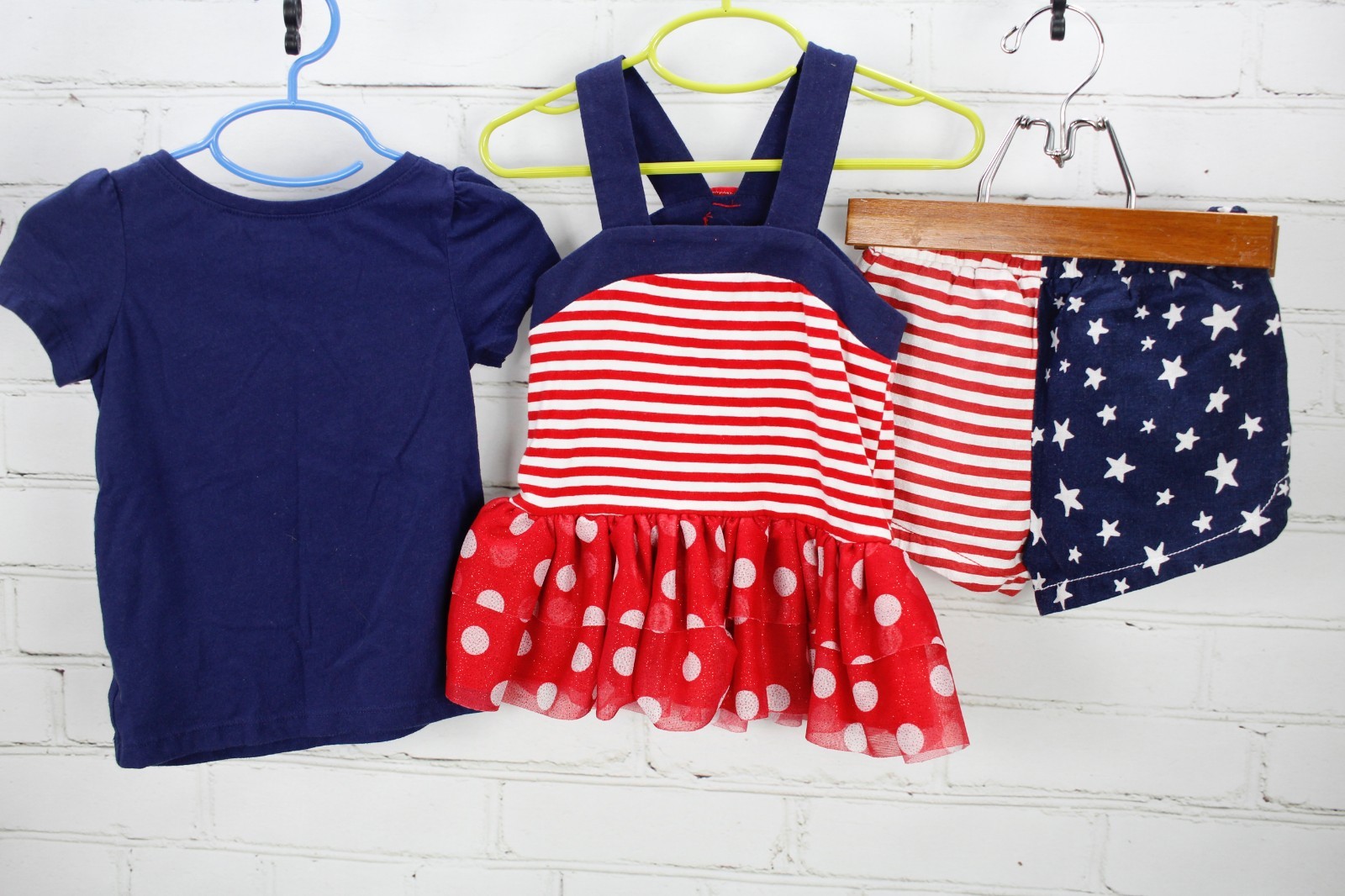 American Flag Outfit Lot T-Shirt + Dress + Shorts Toddler Girls 2T Patriotic