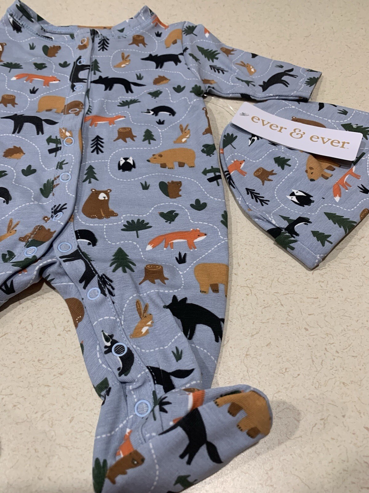 NEW Infant Baby Boy Sleep ‘n Play Jumpsuit w/ Hat Set Blue Tree Bear Fox Animals