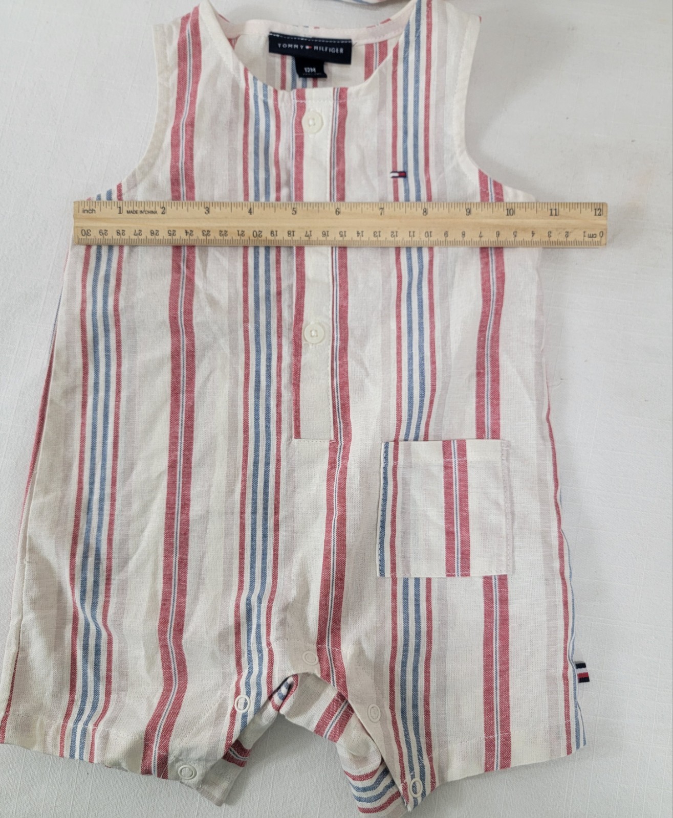 New Tommy Hilfiger Baby Boy 2-Piece Striped Sleeveless Romper Bucket Hat Set 12M