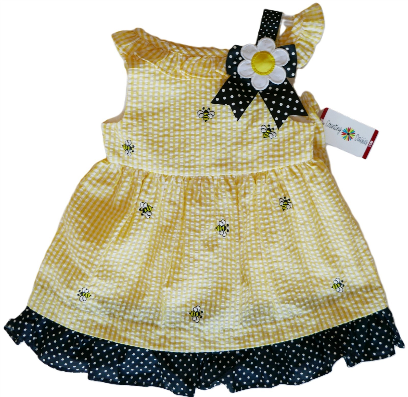 NWT Counting Daisies 2pc Yellow Seersucker Dress+Bloomers 18m Embroidered Bees