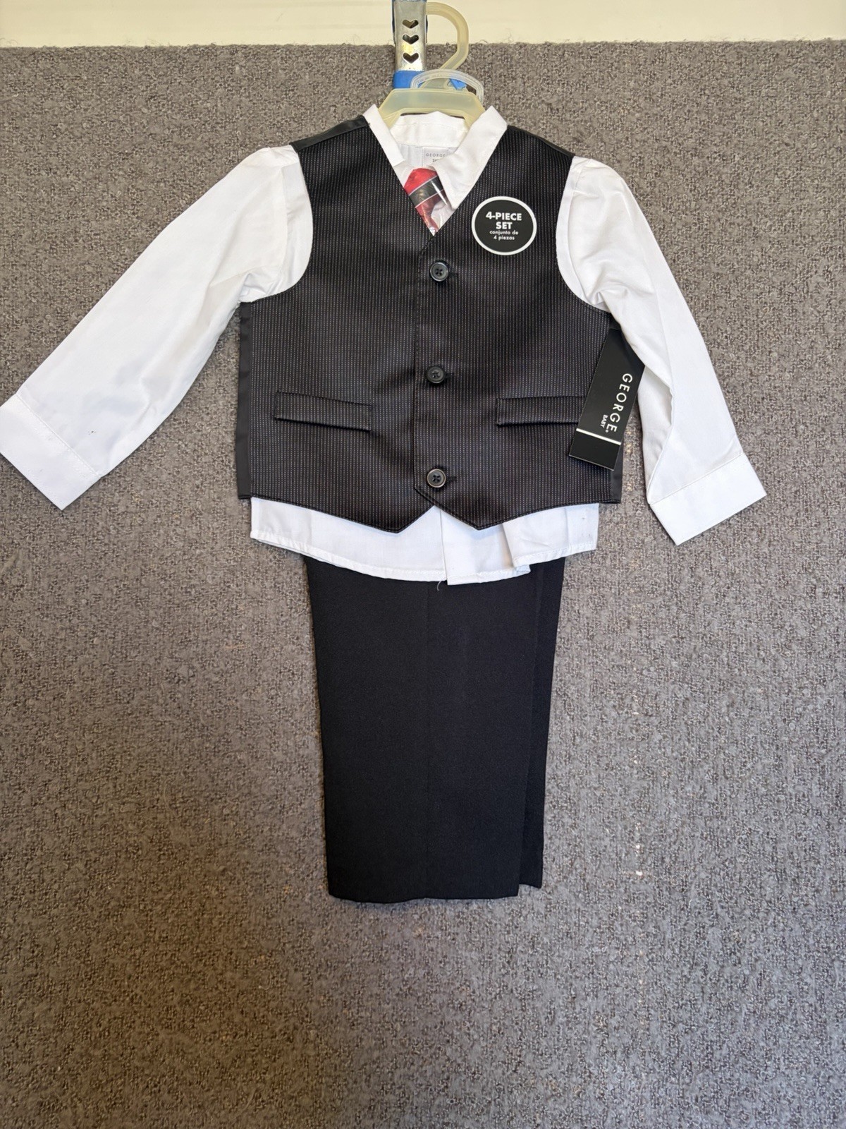 George 24M 4-Piece Formal Outfit Set Vest Pants Shirt Tie Black White Cotton Bl…