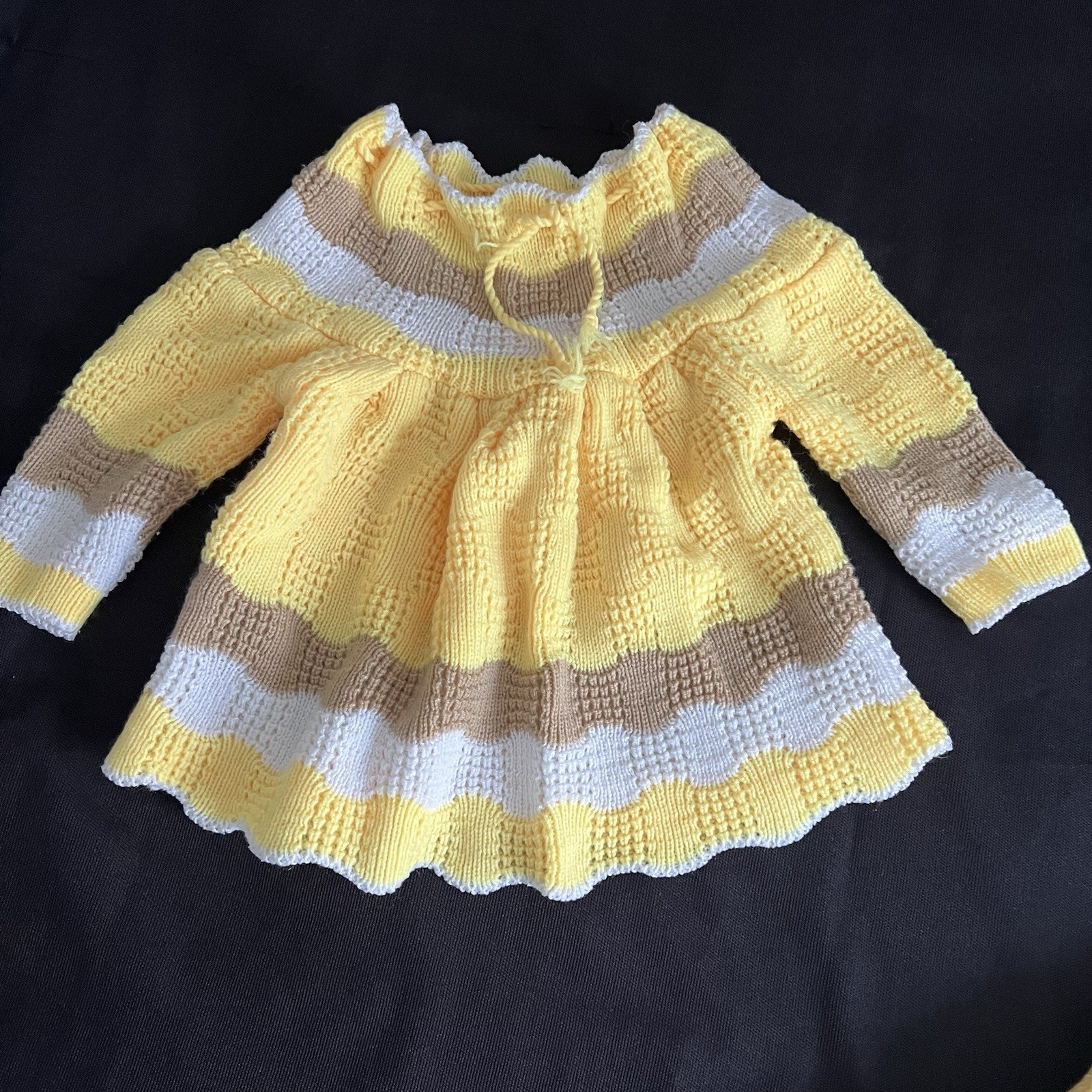 Vintage 70s Hand Knit Crochet Baby Set Dress Pants Booties Yellow Brown 6-12 Mth