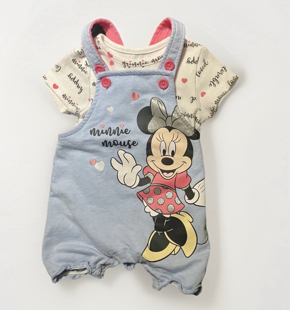 Disney Minnie Mouse 2-Piece Shorts Overall Set 6-9 Months Light Blue Pink White