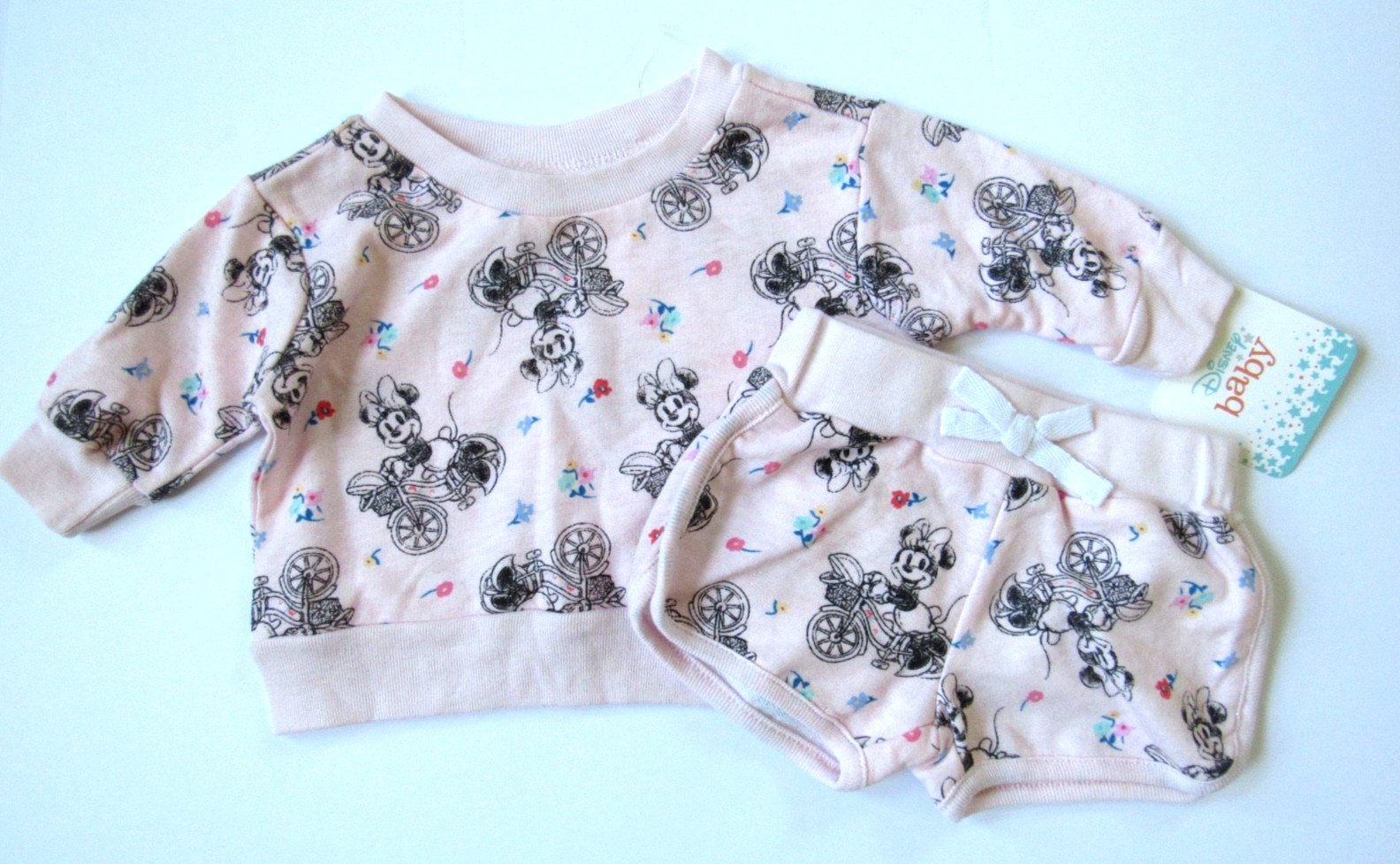 Disney Baby Outfit 0-3 Months Minnie Mouse Pink Bicycle Print Top Shorts 2 Piece