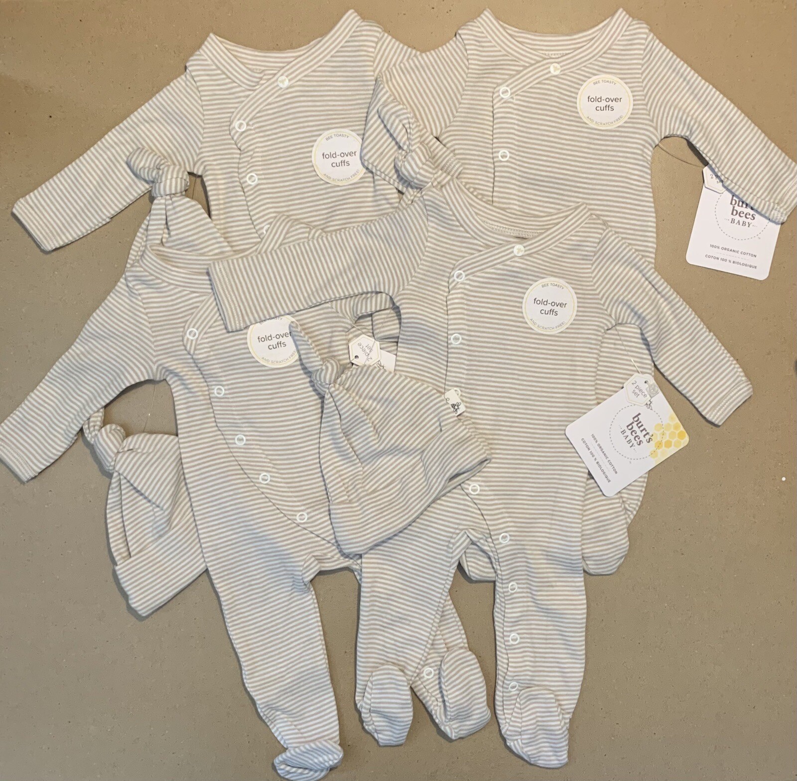Lot of 4 Burt’s Bees Micro Stripe Organic Cotton Jumpsuit Knot Hat Set Preemie B