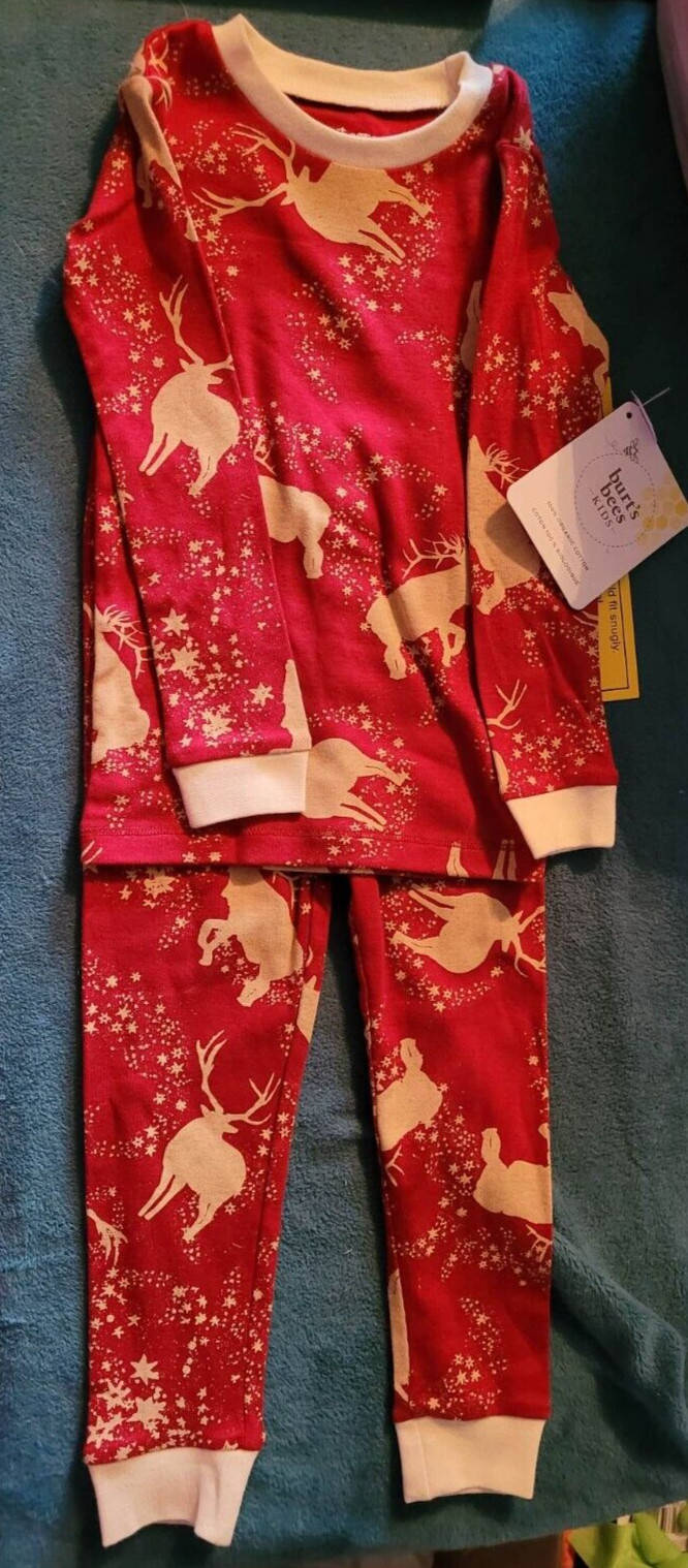 new BURTS BEES KIDS baby red & gold 2-PIECE reindeer STARRY TEE & PANT SET sz 2T