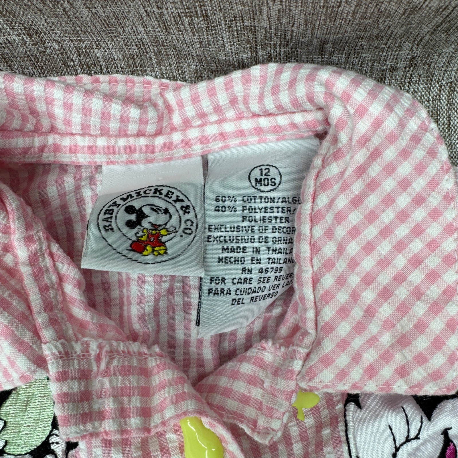 Vintage Baby Mickey & Co Pink Gingham Seersucker 2pc Top Bloomers Set 12 Months