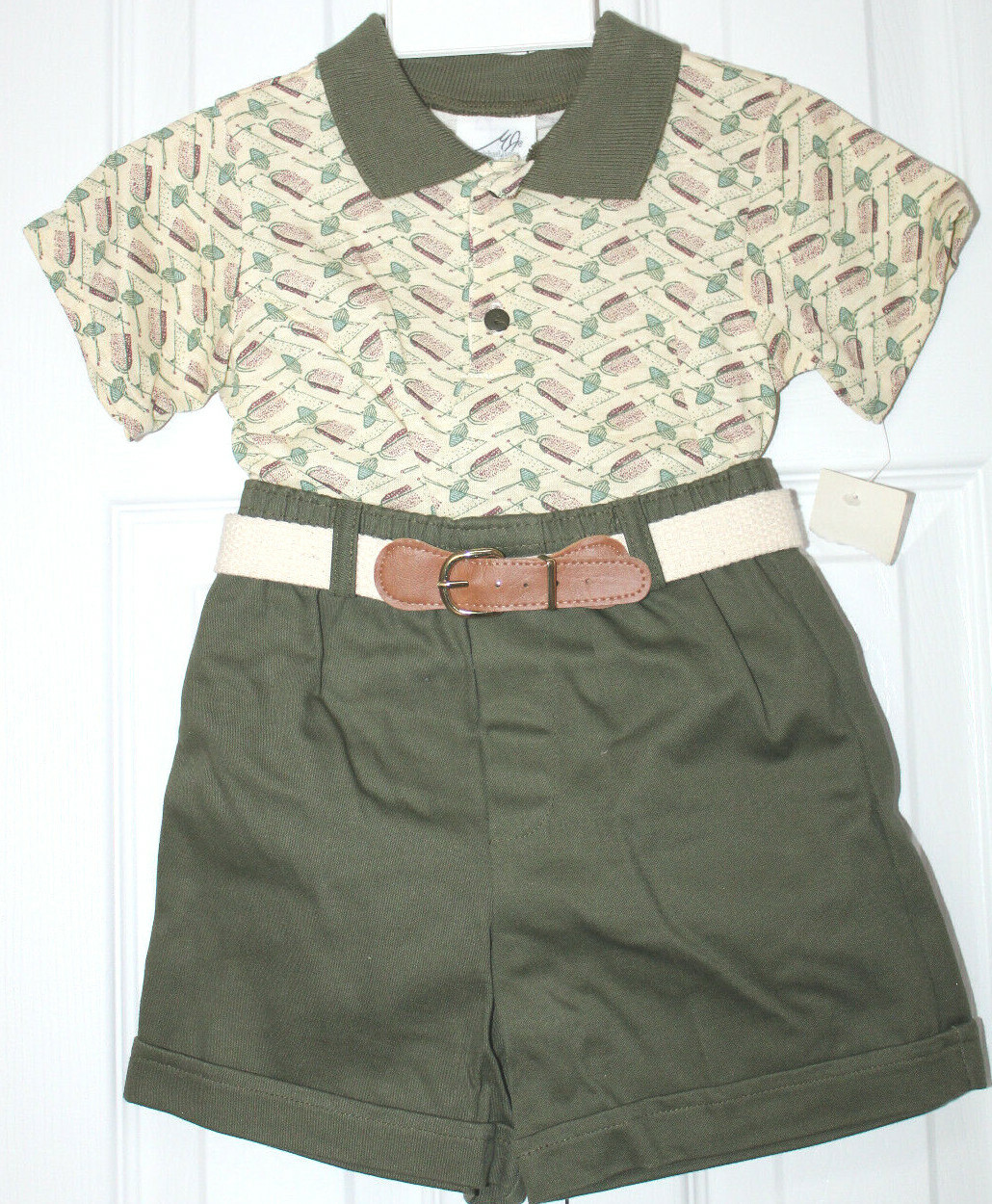 NWT Michael James Boy’s Print Shirt ~ Green Khaki Shorts ~ Belt Outfit Size 2T