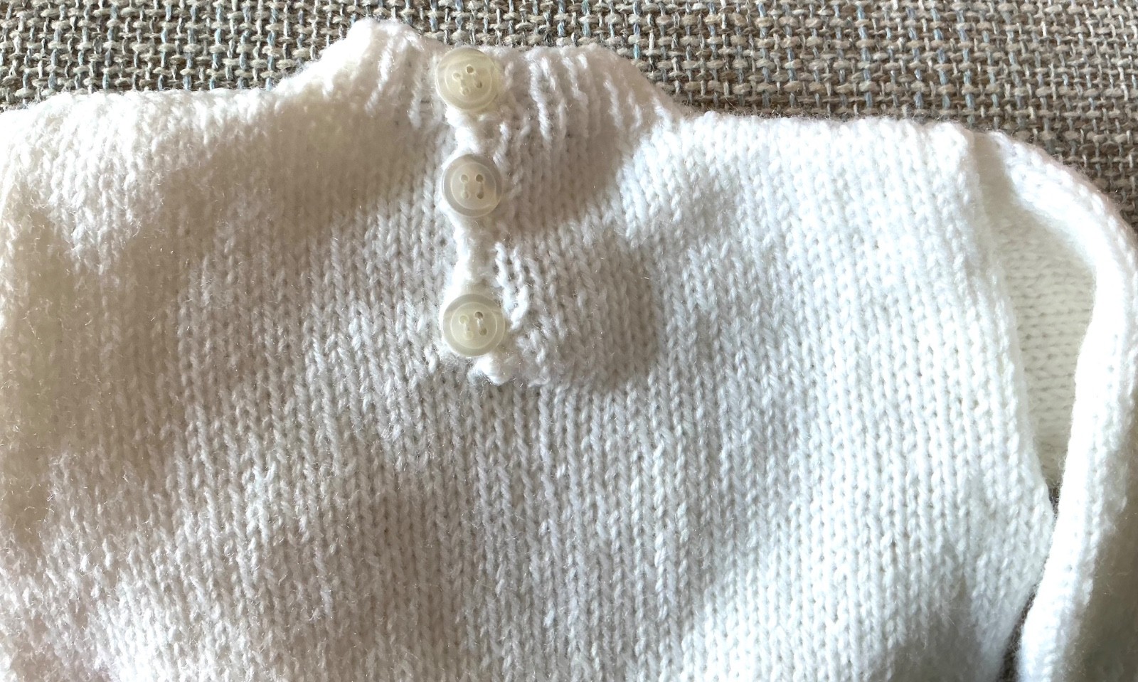 HAND KNITTED BY ME – FIRST JUMPER ~ WHITE ACRYLIC ~ LENGTH 9” ~ CHEST 18” ~NEW