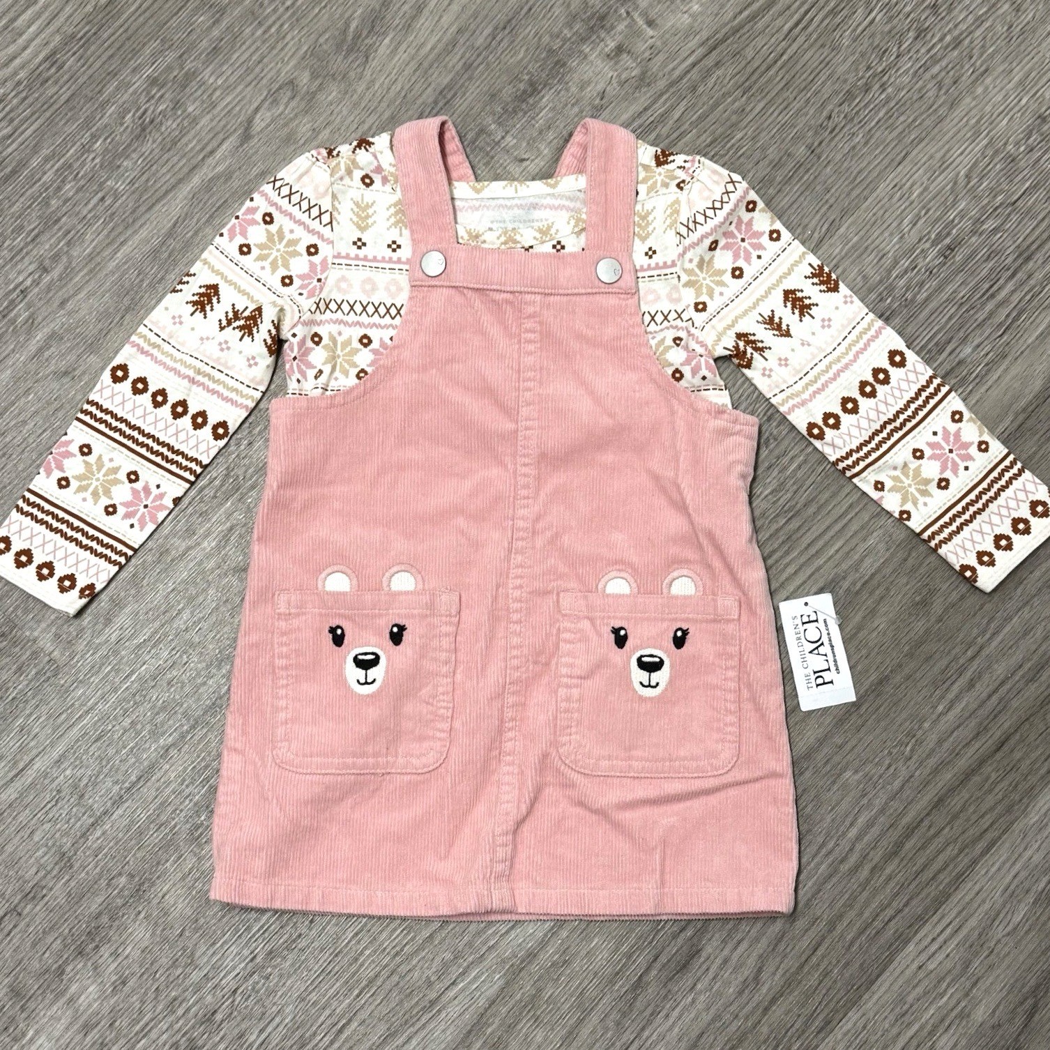 The Children’s Place Pink Corduroy Bear Jumper Fair Isle Shirt Set 18-24M NEW