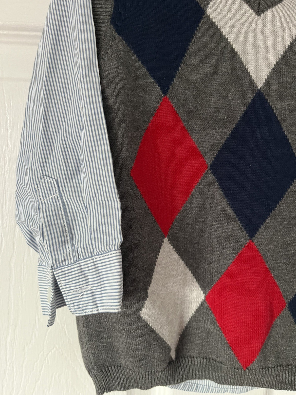 H&M Harlequin Pattern Grey Jumper & Light Blue Pinstripe Shirt Set 12-18 months