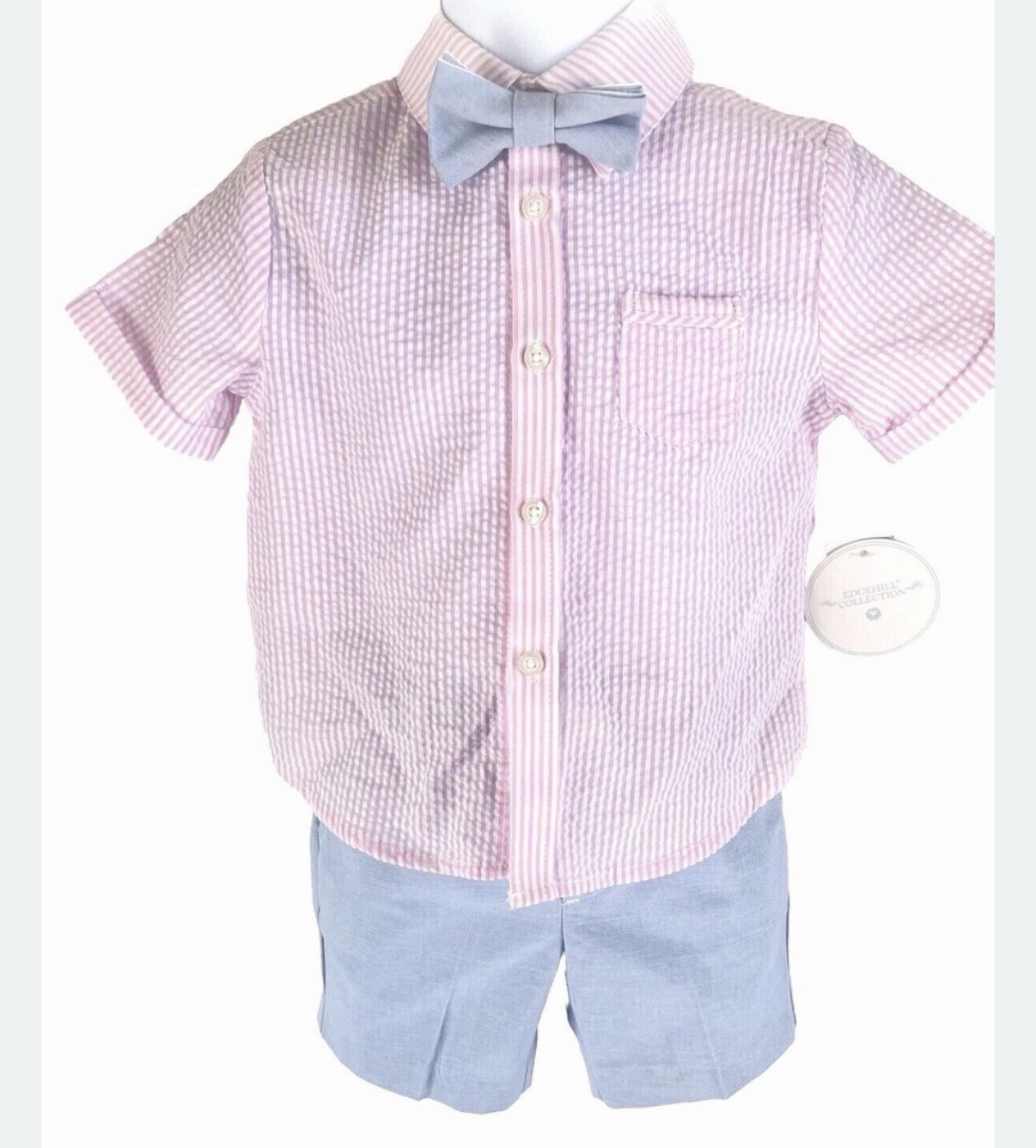 Edgehill Collection Boys Pink Stripe shirt Blue Bow Tie Sz Newborn NWT