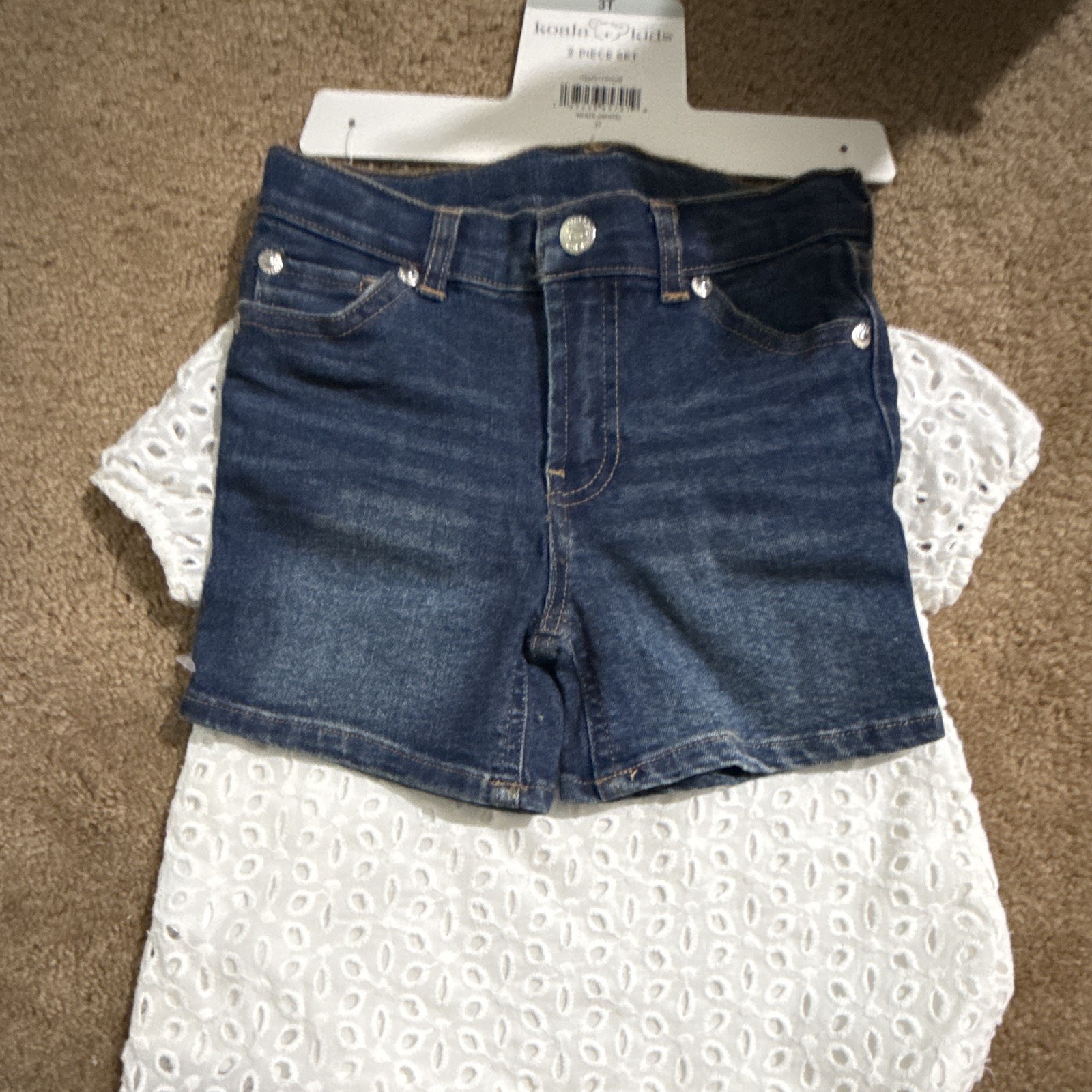 Koala Kids 2 Piece Girls 3T White Eyelet Top Blue Denim Shorts Pockets