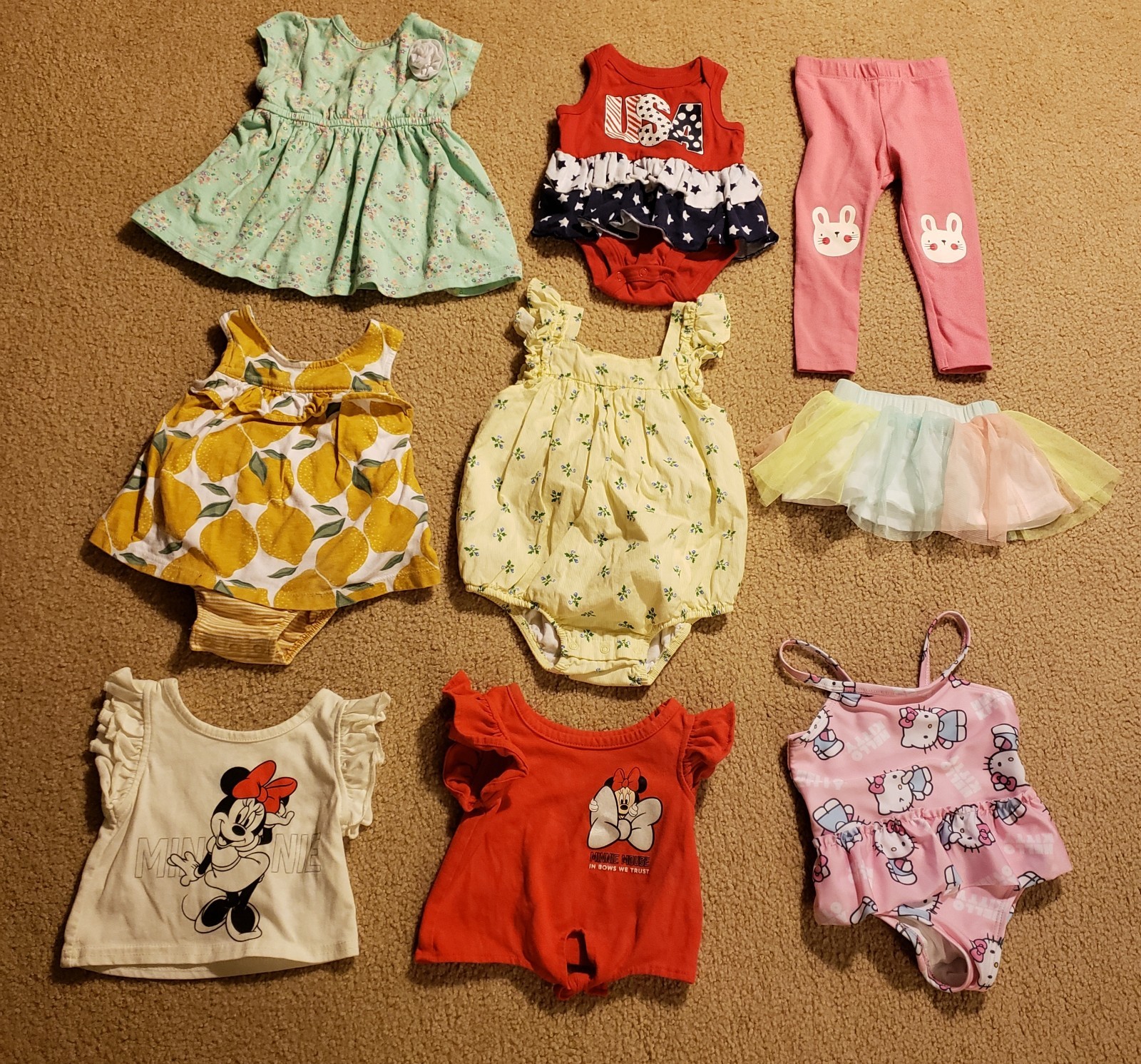 Lot Of 9 Baby Girl’s Clothing Assortment Sizes from 0-3 Months To 18 Months