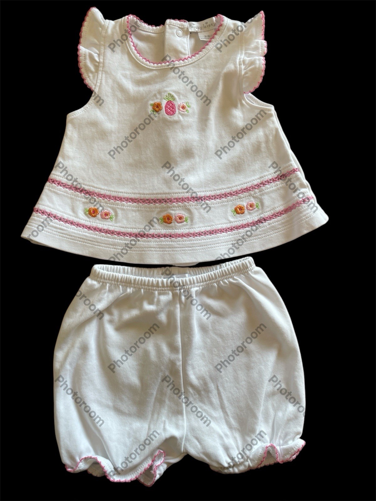 Kissy Kissy EUC White/Pink Pima Cotton Crochet Trimmed Top & Bloomers-3-6Mos