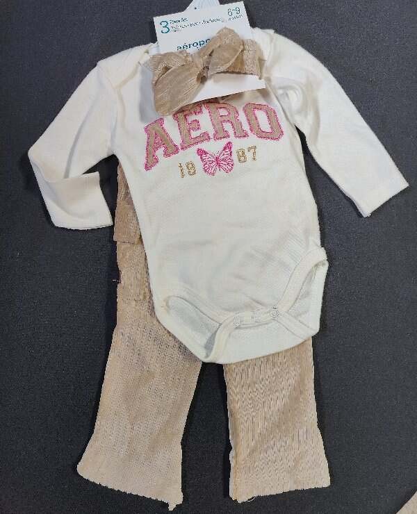 Aeropostale Baby Girls 6-9 Months Outfit Set Fall Winter Tan Pink + Headband NEW