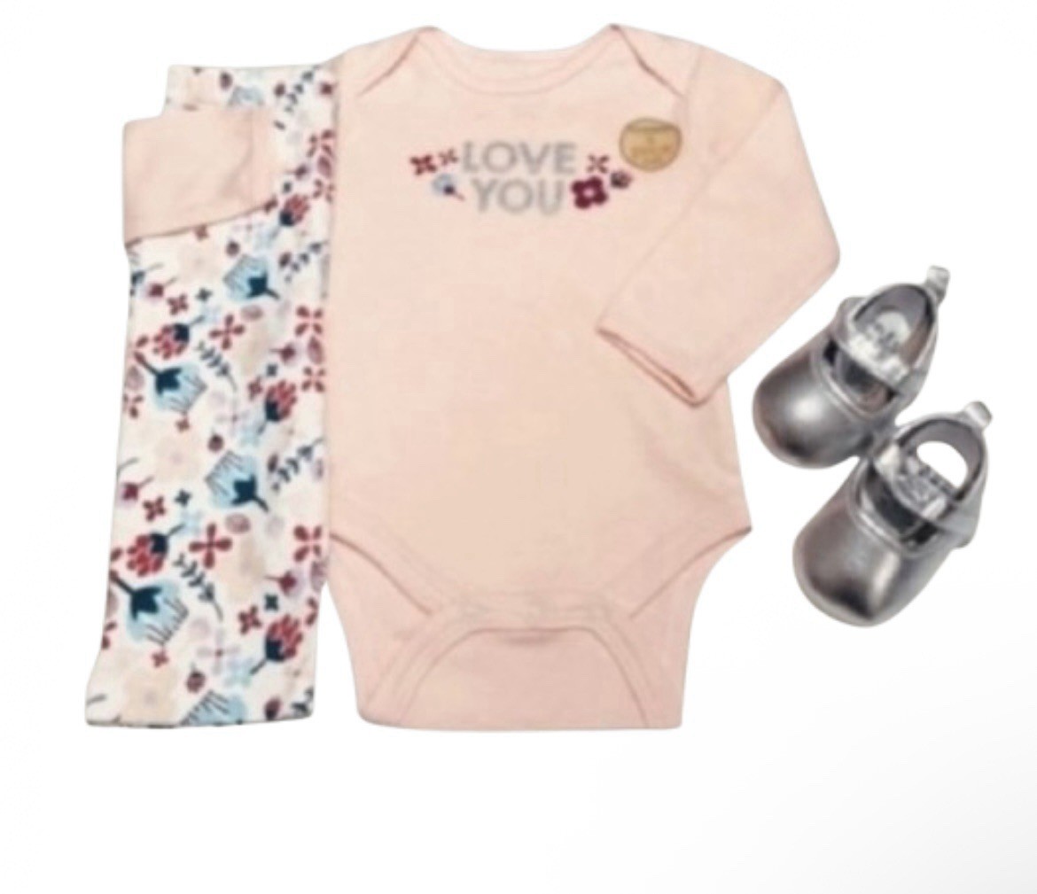 *Chickpea 3pc Set ” Love You”Bodysuit, Bottoms & Shoes Light Pink Girl Size 0-3m