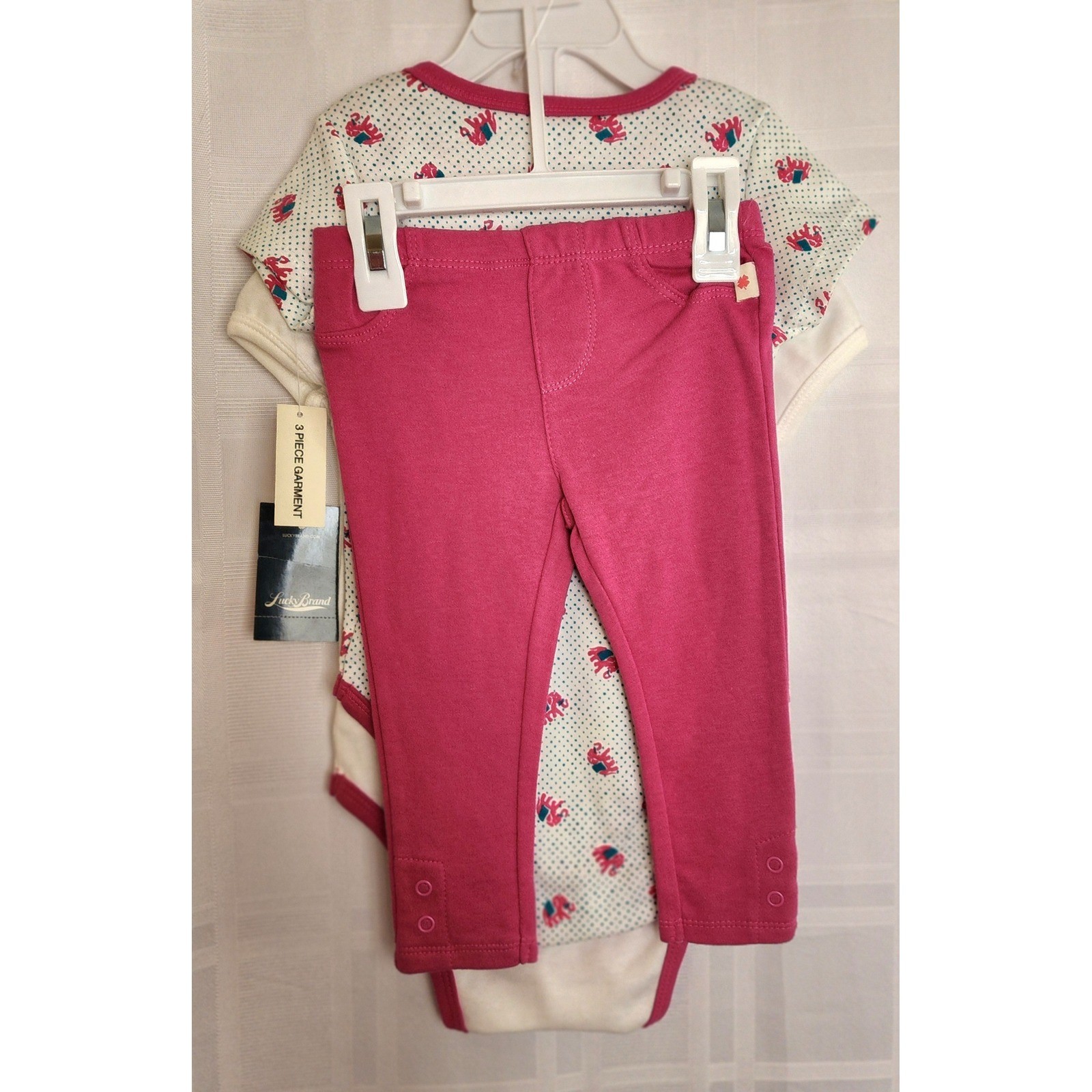 Lucky Brand Elephant Bodysuit Set 3-Piece White Pink 24M