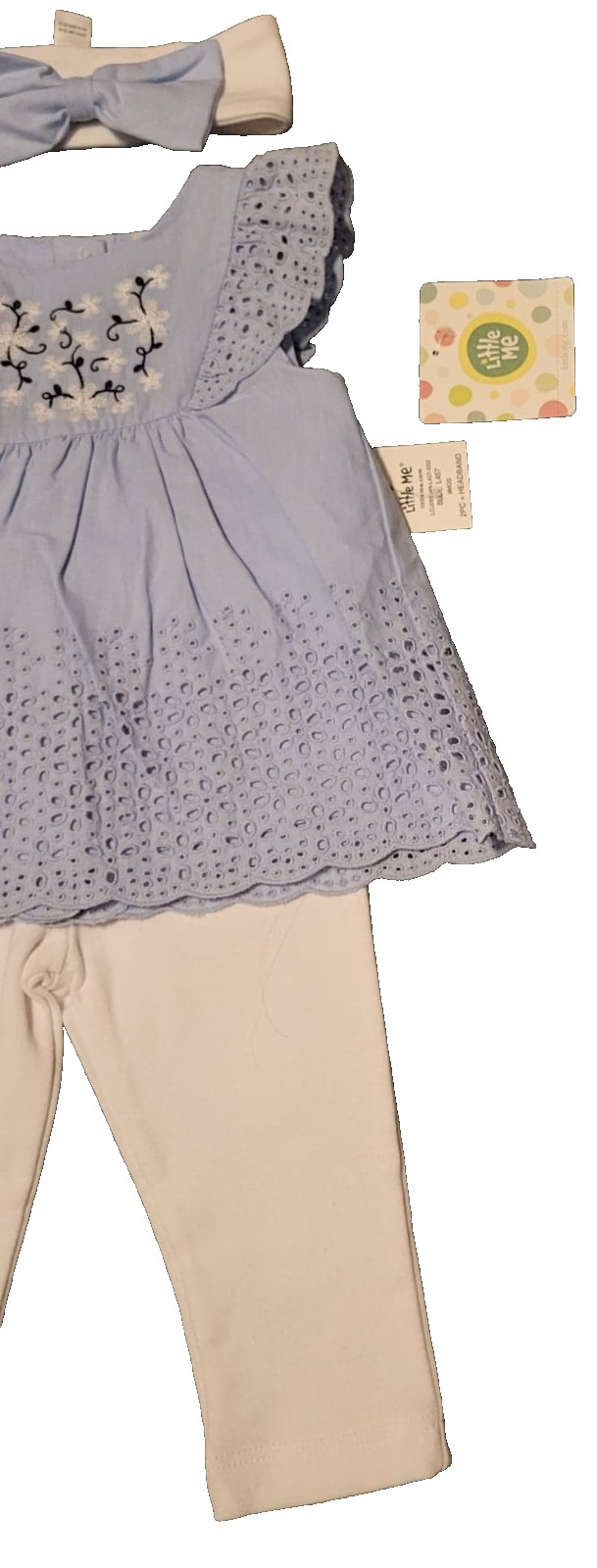 Girls Little Me Infant Summer 2 piece Pant Set, 9 Months, Eyelet, blue/white NWT