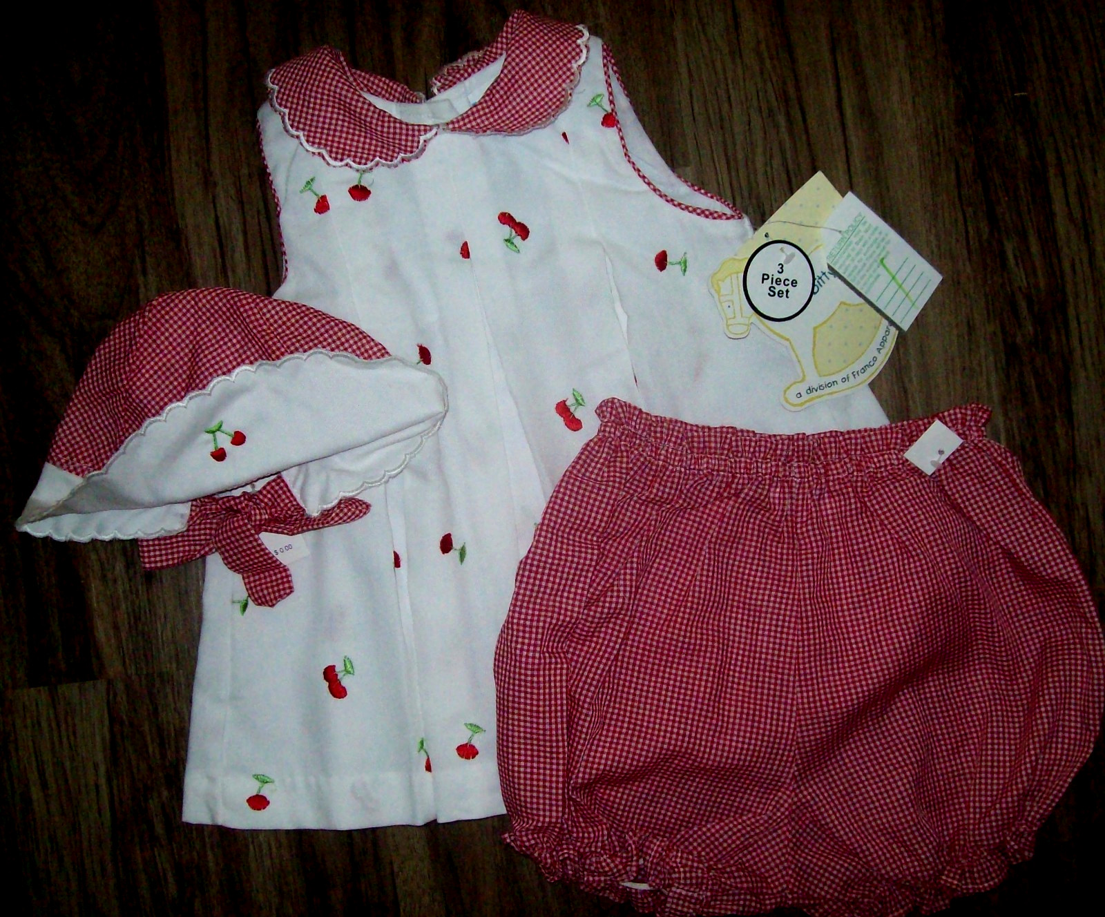 Girl 24 M: NWT ~LITTLE BITTY~ Cherry-Embroidered 3-Pc Dress Set, Bloomers & Hat