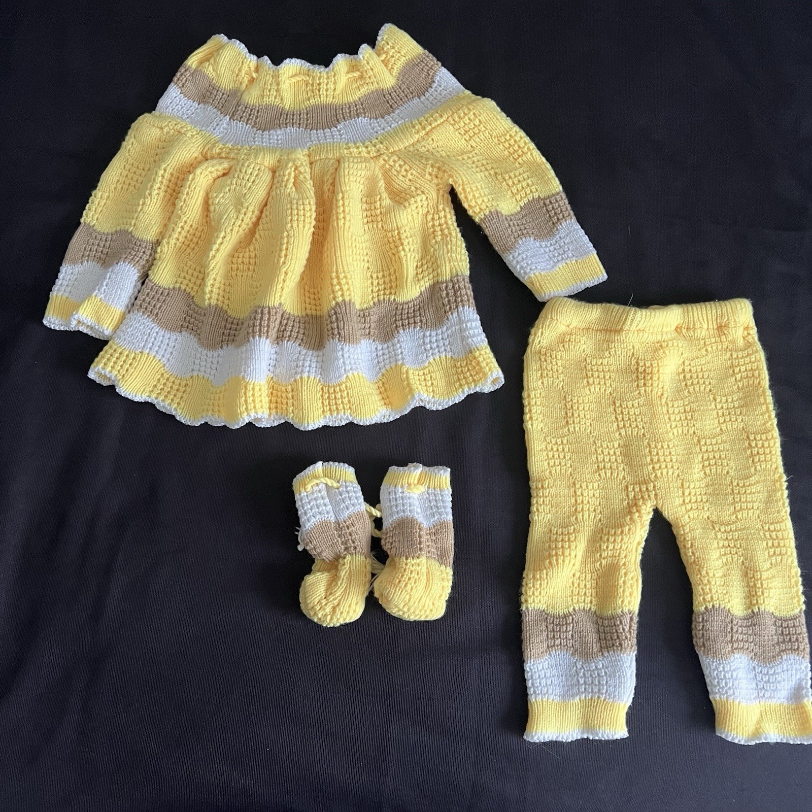 Vintage 70s Hand Knit Crochet Baby Set Dress Pants Booties Yellow Brown 6-12 Mth