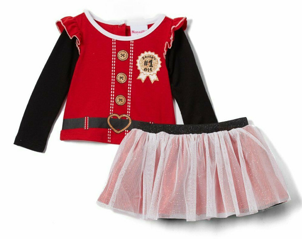 Nannette Kids Christmas 2 piece Shirt and Skirt #1 Elf – Red/White 2T, 3T, 4T