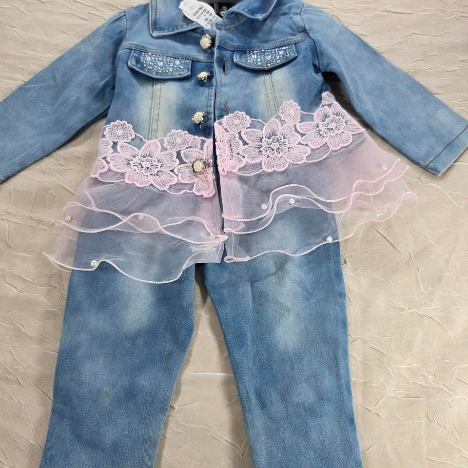 Girls Blue Denim 2 Piece Set Pink Lace Tulle Rhinestone Jacket Jeans 6-12M