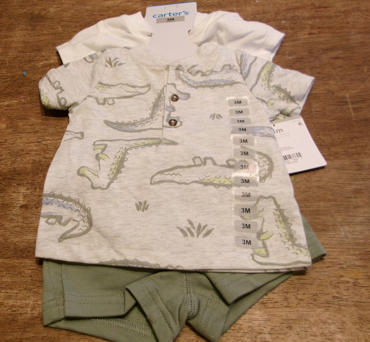 NWT Carter’s 3-Piece Set: shorts/one piece/Henley t-shirt sz 3 mos crocodile